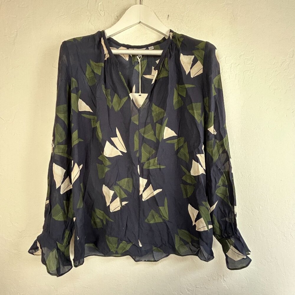 Jigsaw Womens Navy Abstract Stokes Long Sleeve Split Neck Blouse Top Size 10 New